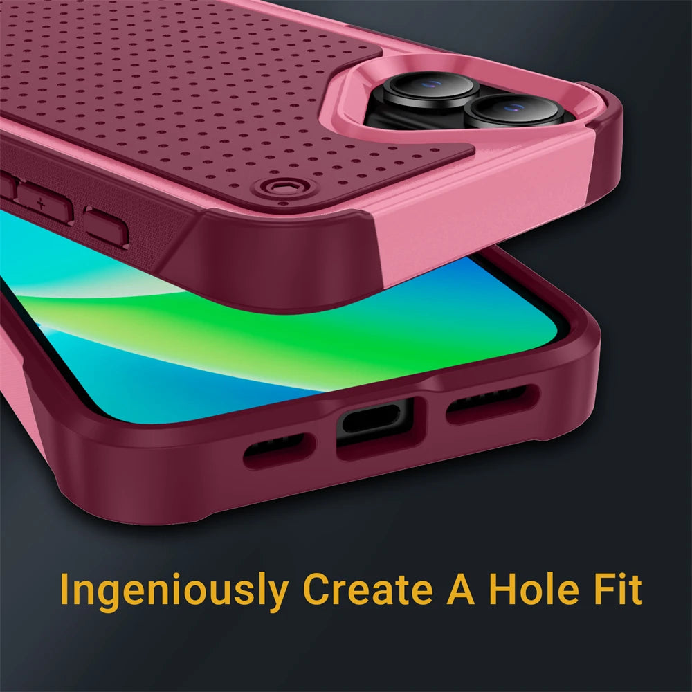 Pink iphone case with text 'Ingeniously Create A Hole Fit' on a dark background