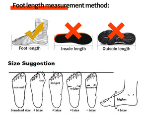 Diagram showing foot length measurement method and size suggestions for shoes.