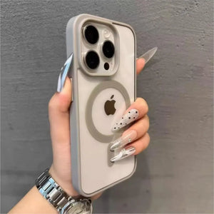 Clear magnetic iPhone case compatible with MagSafe wireless charging against a gray background