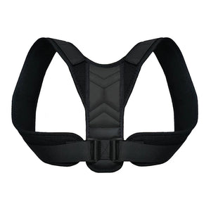 Black Adjustable back support strap for shoulder alignment and daily posture comfort on a white background