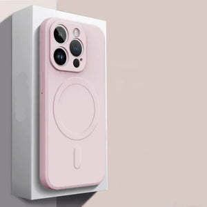 Magsafe magnetic phone case packaging with phone illustration on a light gray background