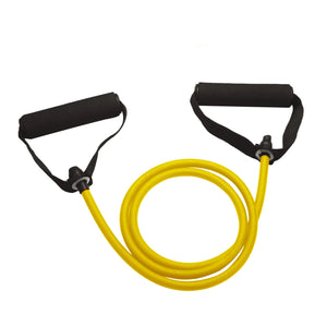 Yellow resistance band with black handles on a white background, suitable for children's fitness.