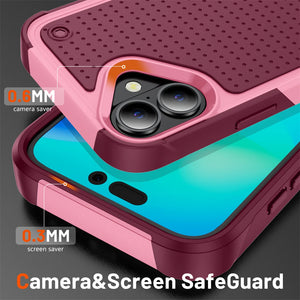 iPhone case with camera and screen protection features on a dark background