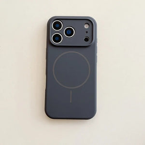 Dark gray phone case with Apple logo on a beige background