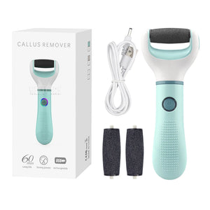 Callus remover with packaging, USB cable, and replacement rollers on a white background