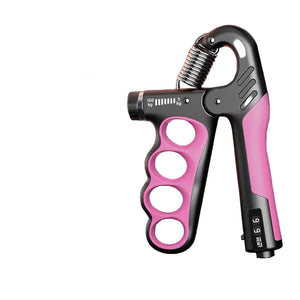 Pink and black mechanical counting gripper on a gray background