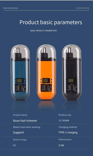 Three nose hair trimmers with product parameters on a blue background