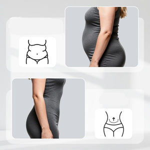 double belt waist cincher comparison of a person wearing gray pants on a light gray background