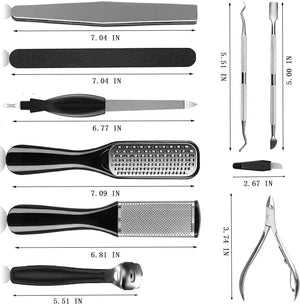 Set of nail care tools with dimensions labeled
