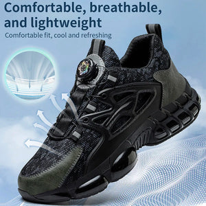 Black work sneaker with text highlighting comfort, breathability, and lightness on a blue background