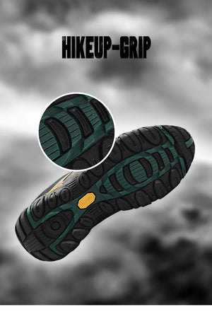 Hiking shoe with textured sole on a gray background