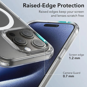Phone case with raised-edge protection feature on a blue background