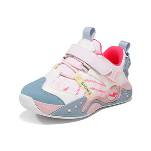 A children's high-top athletic sneaker in pastel pink, light blue, and white, featuring hook-and-loop straps, a yellow 'SIGMA' accent strap, and a bright pink inner lining, shown on a white background.