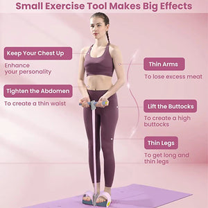 Woman exercising with a tool on a pink background with text about exercise effects.