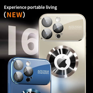 Titanium Metallic Matte MagSafe iPhone Case with Glass Camera Protection, one gold and one blue.