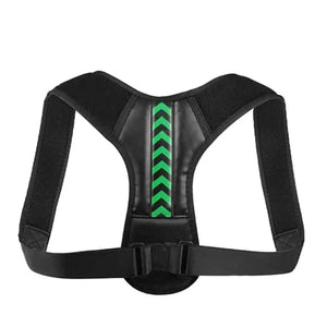 Black Adjustable upper back support strap for shoulder alignment and daily posture comfort with green accents on a white background