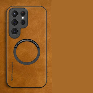 Luxury leather phone case with magnetic card holder on a brown background