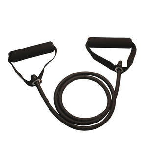 Black resistance band with handles on a white background, suitable for men with fitness foundation.