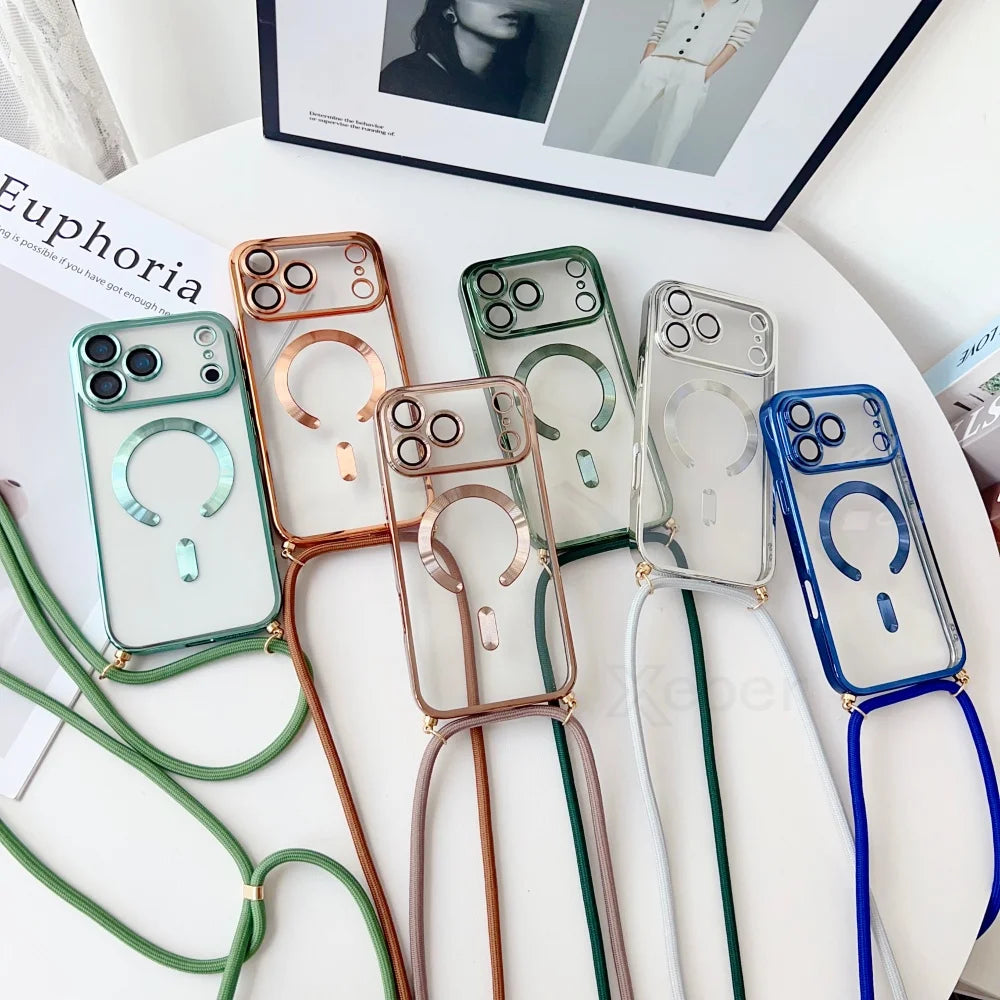 Plating Magnetic iPhone 17 16 15 14 13 12 11 Pro Max Plus Case with Crossbody Lanyard