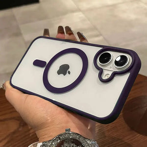 Luxury Magnetic Transparent Bumper Case for iPhone 11–17 held by a hand on a wooden surface