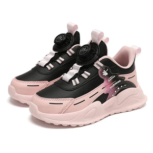 Pink and black sneakers with white laces on a white background