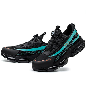 Black and teal athletic work shoes on a white background