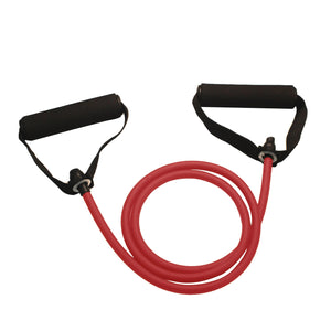 Red resistance band with black handles on a white background, labeled '20LB Suitable for stronger girls or less powerful men'.