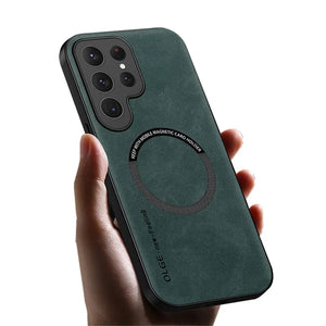 Green leather shockproof Samsung Galaxy case with magnetic card holder held by a hand on a white background