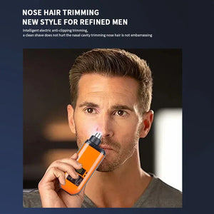 Man using a nose hair trimmer with promotional text about refined men's grooming.