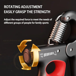 Hand grip strengthener with adjustable force measurement on a black background