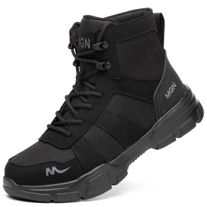 Black tactical boot with brand logo on a white background