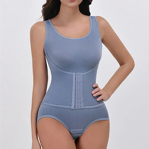 Woman wearing a bluewomen tummy control bodysuit shapewear on a white background