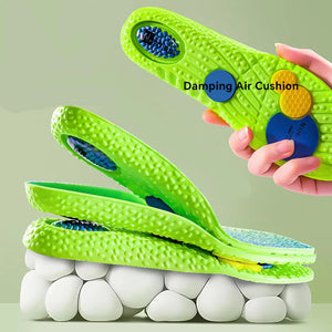 Green shoe inserts with damping air cushion on a light green background