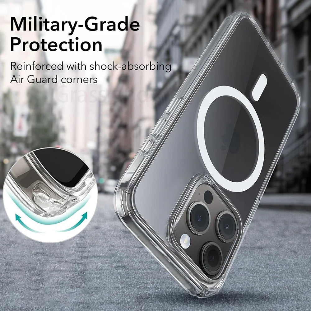 Phone case with shock-absorbing Air Guard corners on a city street background