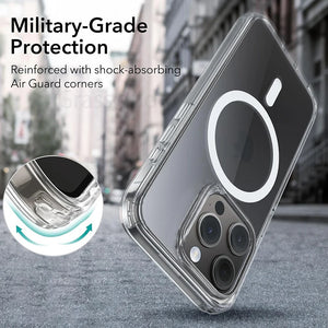 Phone case with shock-absorbing Air Guard corners on a city street background