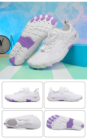 White and purple athletic shoes with a colorful abstract background