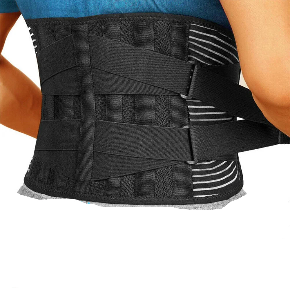 Black waist support belt for lower back worn by a person with anatomical illustrations of the spine.