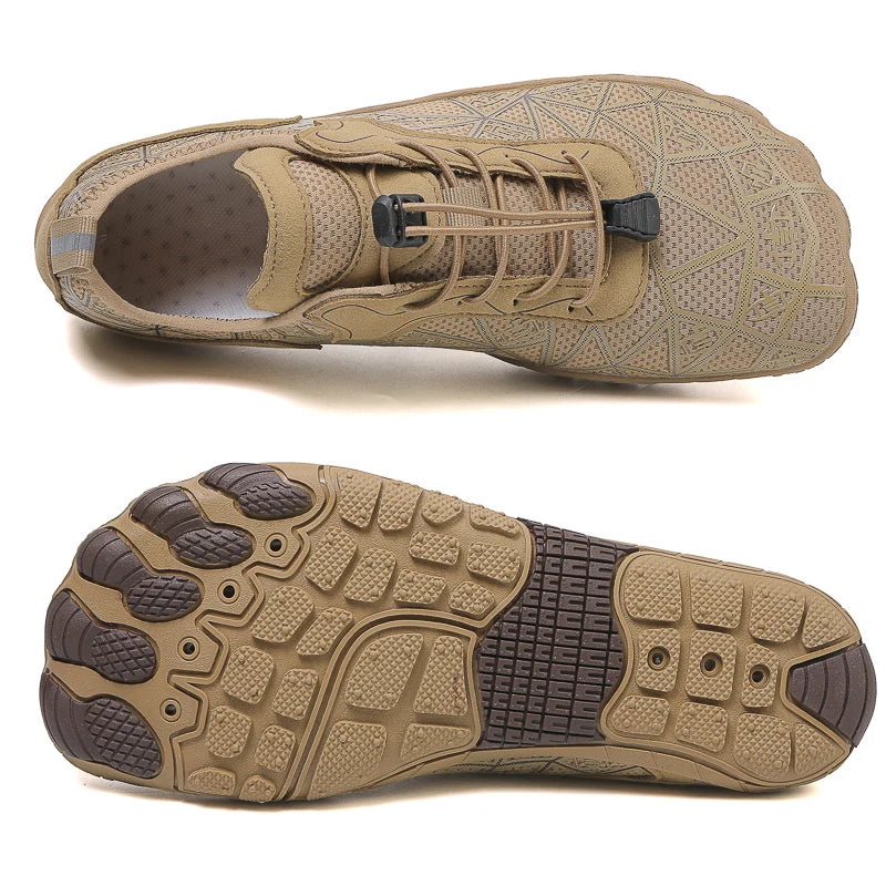Tan athletic shoe with sole showing texture and design on a white background