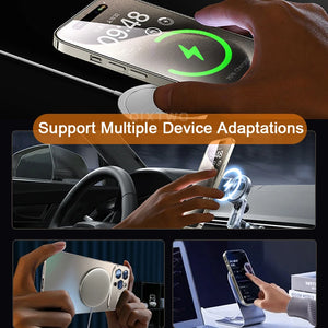Collage of a hand using a iphone case with a charging app, text 'Support Multiple Device Adaptations', and various devices being charged.