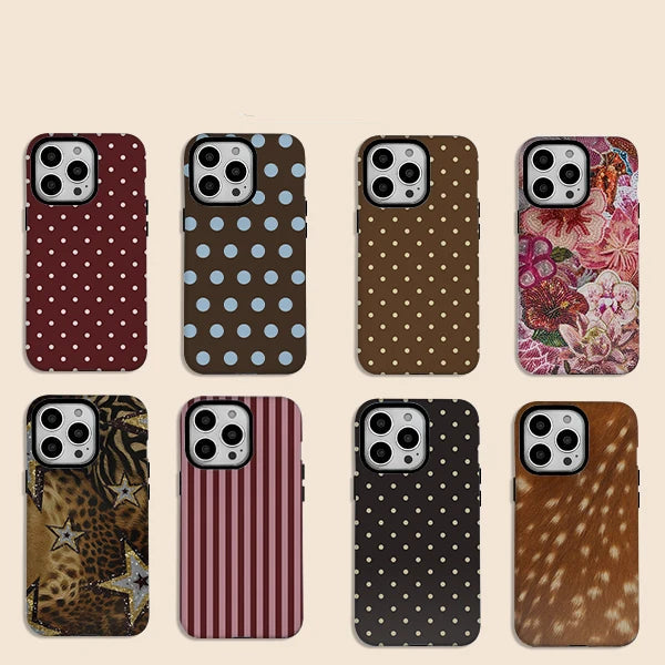 Collection of patterned Luxury INS Polka Dot Double Layer iPhone Case on a beige background with 'Clmj' branding.