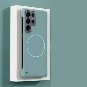 Teal Magnetic matte Samsung Galaxy case compatible with wireless charging on a white stand against a teal background