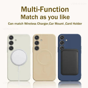 Three phone cases in different colors with matching accessories on a white background