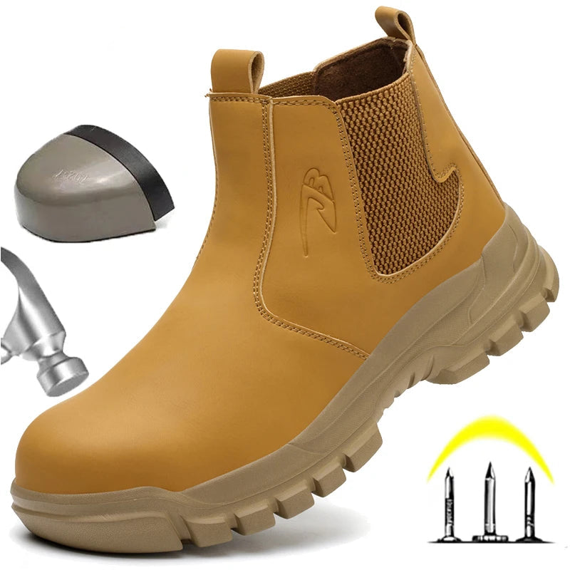 Tan work boot with on a white background