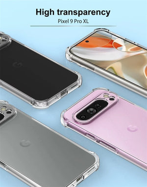 Clear phone cases for Pixel 9 Pro XL on a light blue background