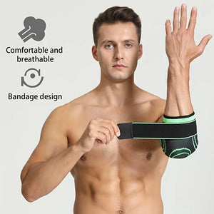 Man wearing a black and green wrist support band on a light gray background