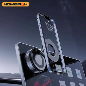 Smartphone with a metallic ring stand on a reflective surface with a dark background