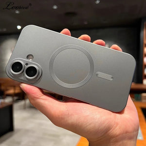 Person holding a gray Matte soft silicone MagSafe iPhone case with a blurred indoor background