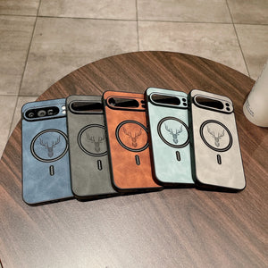 Five Leather Magnetic Cases for Pixel with deer design on a wooden table