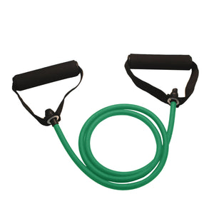 Green resistance band with black handles on a white background, labeled '15LB Suitable for girls beginners'.