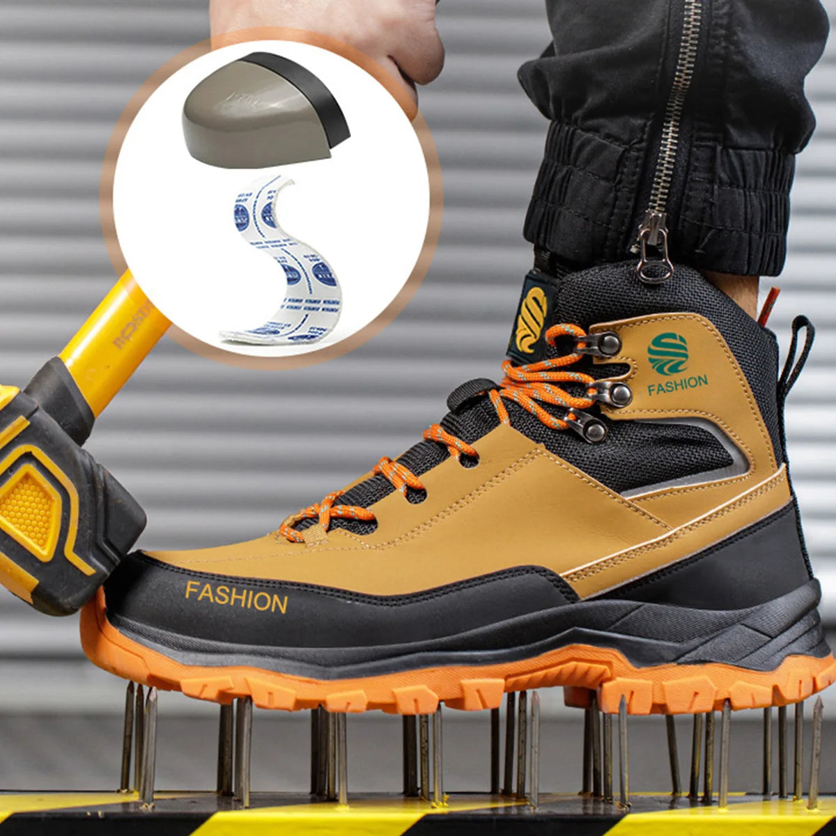 Yellow and black safety boot with orange laces on a metal surface, close-up of sole with nails, and a person wearing the boot.